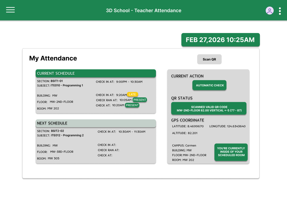 Teacher attendance interface wireframe